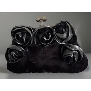 Black Satin Evening Bag Bedazzled Closure Sequins Gray Rosettes Chain Strap EUC